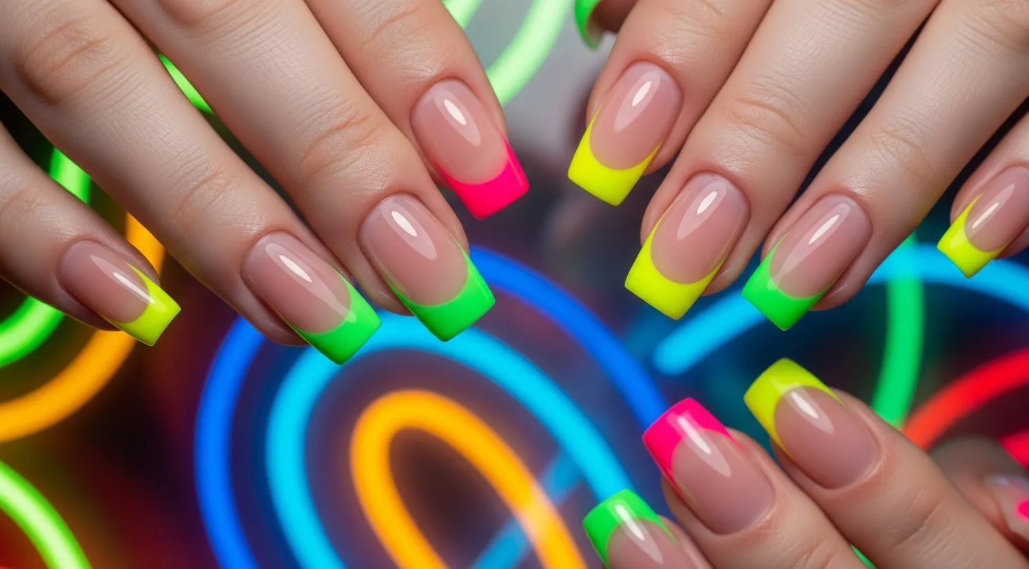 Square-shaped nails with neon French tips in pink, green, and yellow, glowing against a vibrant backdrop.